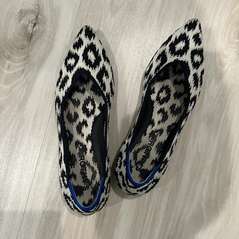 Rothy's Black and Cream Leopard Knit Pointed Ballet Flats - Picture 2 of 3